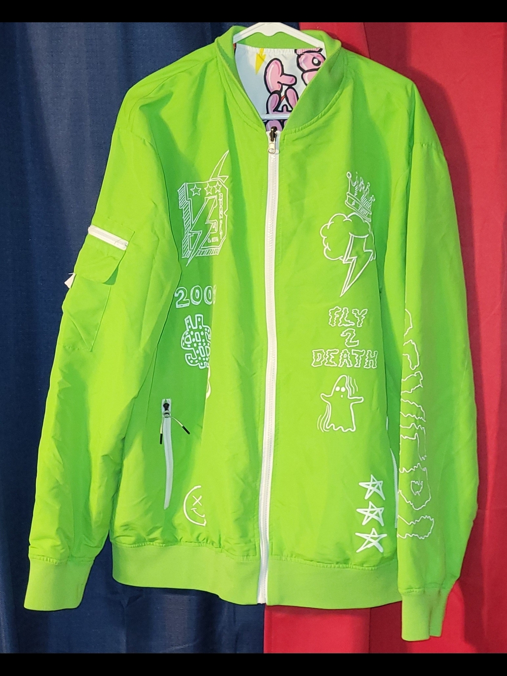 Born Fly Neon Green Graphic Bomber Jacket 2x Reversible